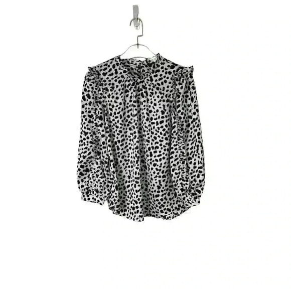 J.Crew Women’s Ruffle Sleeve Leopard Satin Long Sleeve Blouse Size S White Black - Picture 5 of 11